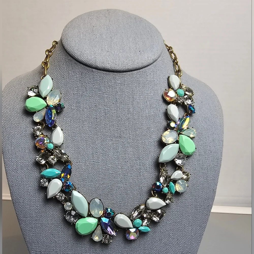 [J. Crew] Cluster Statement Necklace Mint Green, Gray White & Iridescent Stones